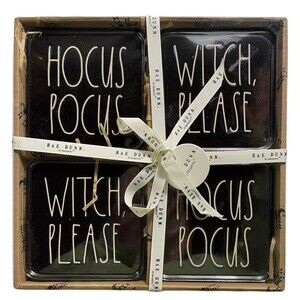 Rae Dunn Ceramic Halloween Fall Hocus Pocus Witch Please Black Coasters Set of 4